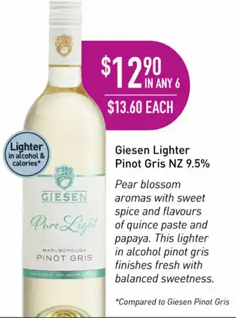 Giesen Lighter Pinot Griz NZ 9.5%