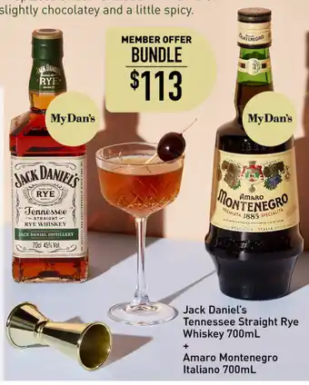 Dan Murphy's Jack Daniel's Tennessee Straight Rye Whiskey 700ml + Amaro Montenegro Italiano 700ml offer