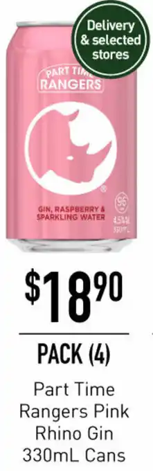 Dan Murphy's Part Time Rangers Pink Rhino Gin 330ml Cans offer