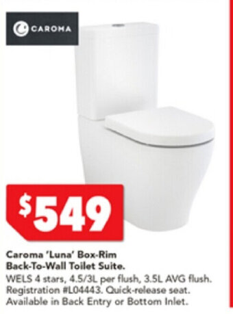 Harvey Norman Caroma 'Luna' Box-Rim Back-To-Wall Toilet Suite offer