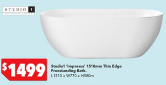 Harvey Norman Studio1 'Impressa' 1510mm Thin Edge Freestanding Bath L1510 x W770 x H580m offer