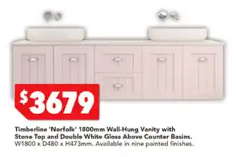 Harvey Norman Timberline 'Norfolk' 1800mm Wall-Hung Vanity with Stone Top and Double White Gloss Above Counter Basins offer