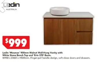 Harvey Norman Ledin 'Mosman' 900mm Walnut Wall-Hung Vanity with White Stone Bench Top and 'Erin 370' Basin W900 x D460 x H500mm offer