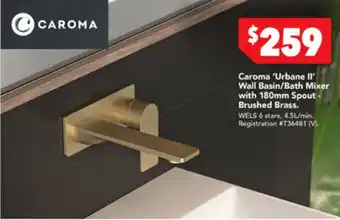 Harvey Norman Caroma 'Urbane II' Wall Basin/Bath Mixer with 180mm Spout-Brushed Brass offer