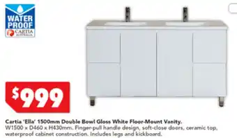 Cartia 'Ella' 1500mm Double Bownl Gloss WHite Floor-Mount Vanity W1500 c D460 x H430mm