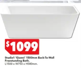 Harvey Norman Studio 'Gianni' 1500mm Back-To-Wall Freestanding Bath L1500 x W750 x H580mm offer