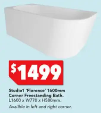 Studio1 'Florence' 1600mm Corner Freestanding Bath L1600 x W770 x H580mm