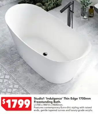 Harvey Norman Studio1 'Indulgence' Thin Edge 1700mm Freestanding Bath L1700 x W810 x H680mm offer