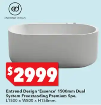 Harvey Norman Entrend Design 'Essence' 1500mm Dual System Freestanding Premium Spa L1500 x W800 x H158mm offer