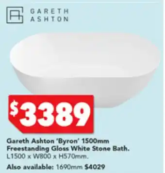 Harvey Norman Gareth Ashton ' Byron' 1500mm Freestanding Gloss White Stone Bath L1500 x W800 x H570mm offer