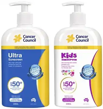 Coles Cancer council ultra or kids sunscreen pump spf50+ 500ml^ offer