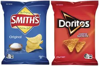 Coles Doritos corn chips 150g-170g or smith's crinkle cut or double crunch potato chips 150g-170g offer