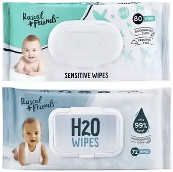 Coles Rascal + friends h2o baby wipes 72 pack or sensitive wipes 80 pack offer