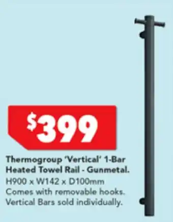 Harvey Norman Thermogroup 'Vertical' 1Bar Heated Towel Rail- Gunmetal H900 x W142 x D100mm offer