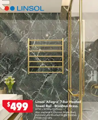 Harvey Norman Linsol 'Allegra' 7-Bar Heated Towel Rail- Brushed Brass H750 x W750 x D105mm offer