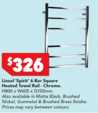 Harvey Norman Linsol 'Spirit' 6-Bar Square Heated Towel Rail-Chrome H800 x W600 x D102mm offer
