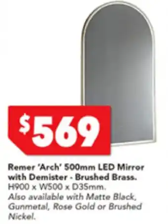 Harvey Norman Remer 'Arch' 500mm LED Mirror with Demister - Brushed Brass H900 x W500 x D35mm offer