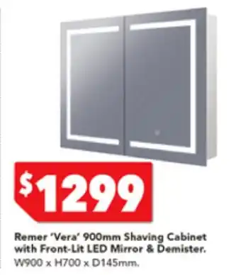 Harvey Norman Remer 'Vera' 900mm Shaving Cabinet with Front-Lit LD Mirror & Demister W900 x H700 x D145mm offer