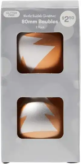 BIG W 2-pack nordic yuletide christmas 80mm baubles offer