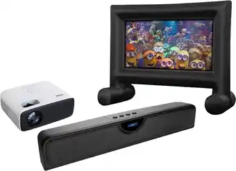 Laser outdoor cinema bundle includes full hd projector with self inflatable screen and bluetooth soundbar
