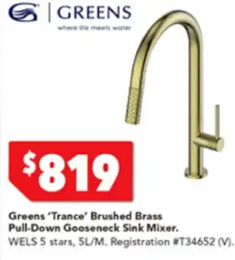 Harvey Norman Greens 'Trance' Brushed Brass Pull-Down Gooseneck Sink Mixer offer