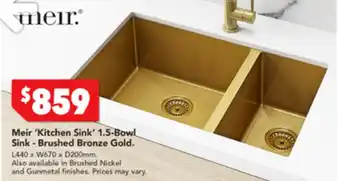 Harvey Norman Meir 'Kitchen Sink' 1.5-Bowl Sink - Brushed Bronze Gold L440 x W670 x D200mm offer