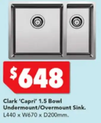 Clark 'Capri' 1.5 Bowl Undermount/Overmount Sink