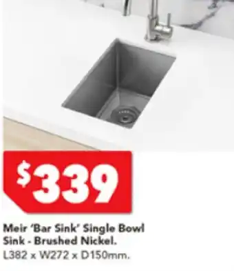 Harvey Norman Meir 'Bar Sink' Single Bowl Sink - Brushed Nickel L382 x W272 x D150mm offer