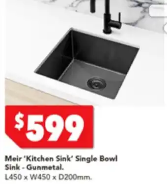 Harvey Norman Meir 'Kitchen Sink' Single Bowl Sink - Gunmetal L450 x W450 x D200mm offer