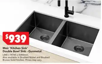 Harvey Norman Meir 'Kitchen Sink' Double Bowl Sink - Gunmetal L440 x W760 x D200mm offer