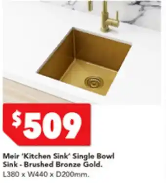 Harvey Norman Meir 'Kitchen Sink' Single Bowl Sink - Brushed Bronze Gold L380 x W440 x D200mm offer