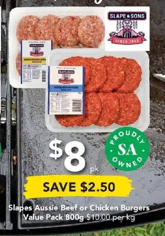 Drakes Slapes Aussie Beef or Chicken Burgers Value Pack 800g offer