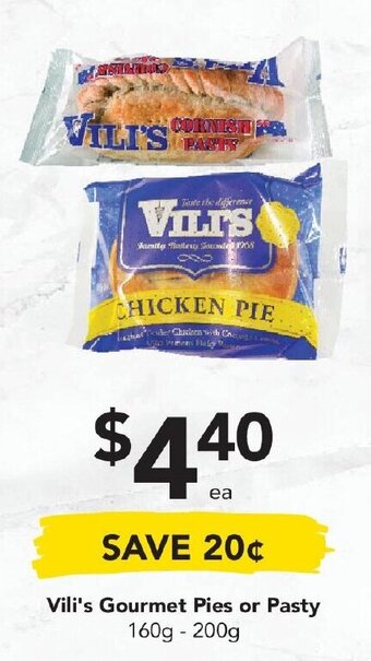 Drakes Vili's Gourmet Pies or Pasty 160g - 200g offer