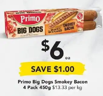 Drakes PrimoBig DOgs Smokey Bacon 4 Pack 450g offer