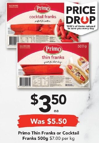 Drakes Primo Thin Franks or Cocktail Franks 500g offer