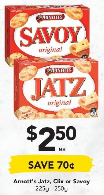 Drakes Arnott's Jatz, Clix or Savoy 225g - 250g offer