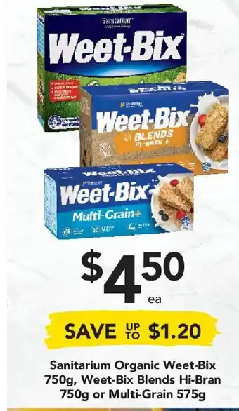 Drakes Sanitarium Organic Weet-Bix 750g, Weet-Bix Blends Hi-Bran 750g or Multi-Grain 575g offer