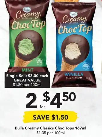 Drakes Bulla Creamy Classic Choc Tops 167ml offer