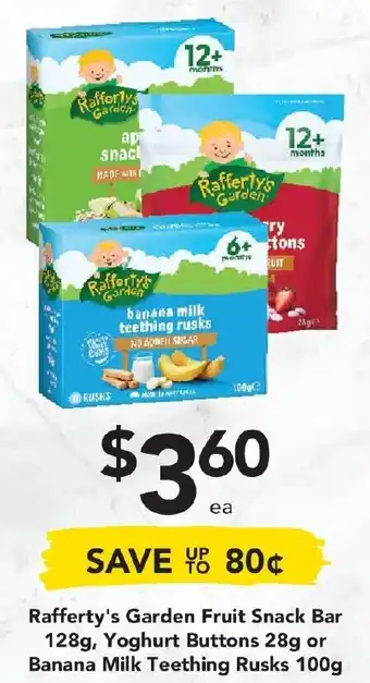 Drakes Rafferty's Garden Fruit Snack Bar 128g, Yoghurt Buttons 28g or Banana Milk Teething Rusks 100g offer