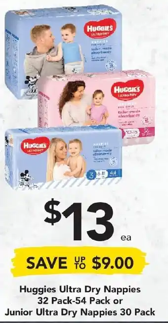 Drakes Huggies Ultra Dry Nappies 32 Pack - 54 Pack or Junior Ultra Dry Nappies 30 Pack offer