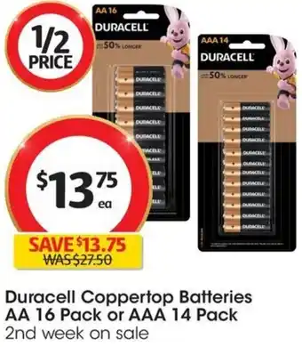 Coles Duracell Coppertop Batteries AA 16 Pack or AAA 14 Pack offer