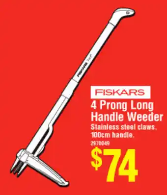 Fiskars 4 Prong Long Handle Weeder 100cm