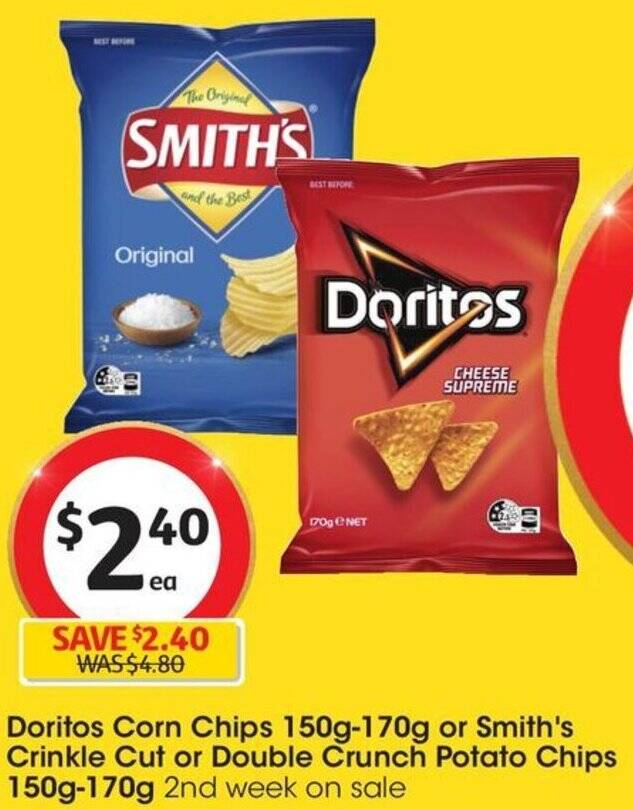 Doritos Corn Chips 150g170g or Smith's Crinkle Cut or Double Crunch Potato Chips 150g170g