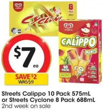 Coles Streets Calippo 10 Pack 575mL or Streets Cyclone 8 Pack 688mL offer