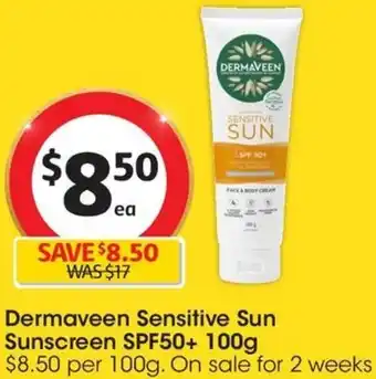 Coles Dermaveen Sensitive Sun Sunscreen SPF50+ 100g offer