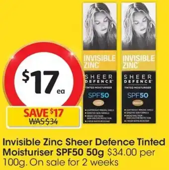Coles Invisible Zinc Sheer Defence Tinted Moisturiser SPF50 50g offer