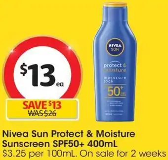 Coles Nivea Sun Protect & Moisture Sunscreen SPF50+ 400mL offer