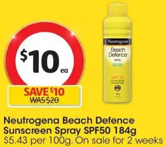 Coles Neutrogena Beach Defence Sunscreen Spray SPF50 184g offer