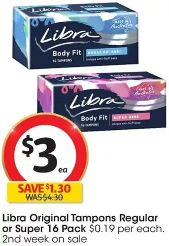 Coles Libra Original Tampons Regular or Super 16 Pack offer