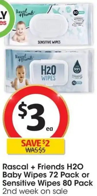 Coles Rascal + Friends H2O Baby Wipes 72 Pack or Sensitive Wipes 80 Pack offer